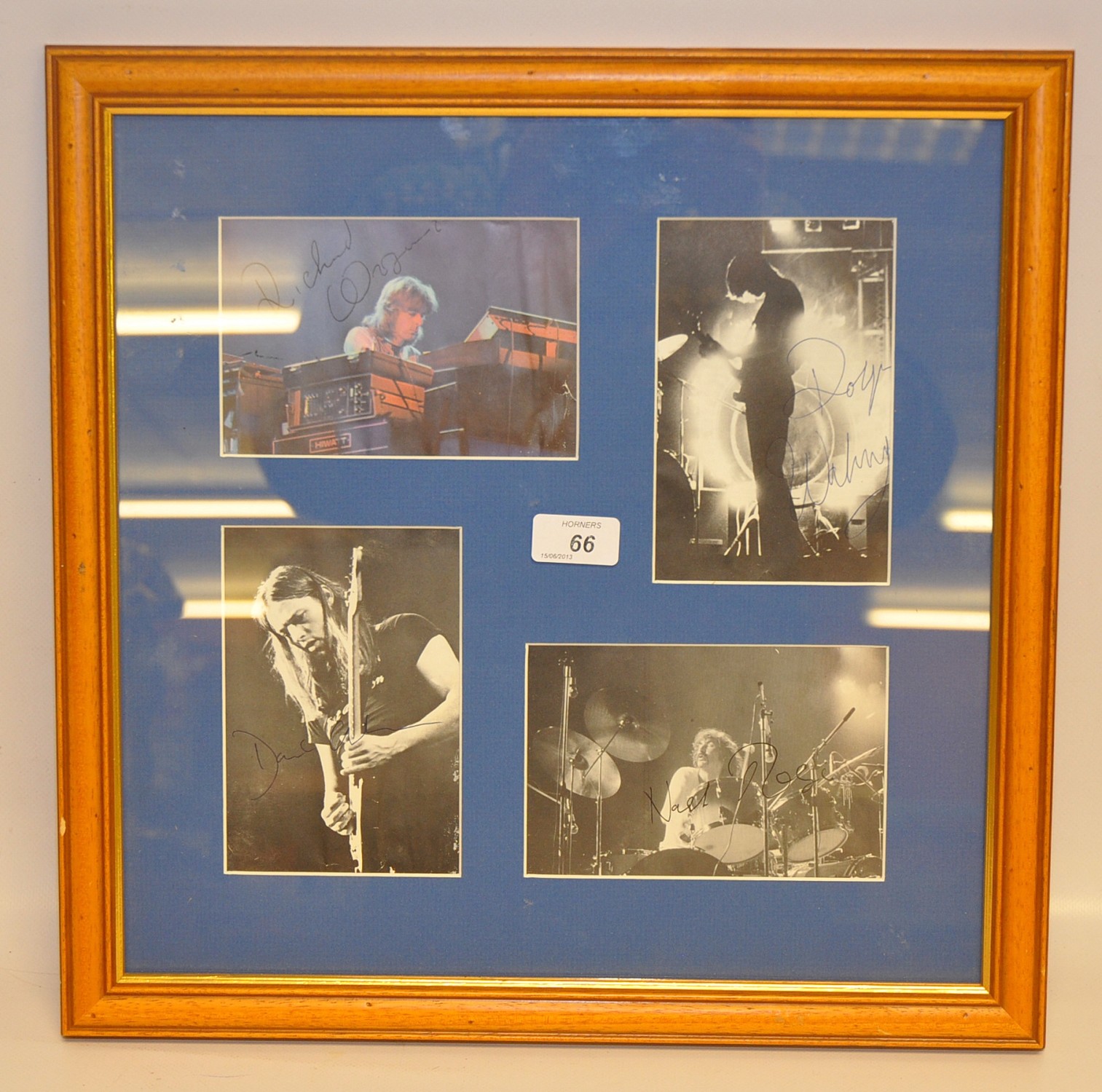 PINK FLOYD FOUR PICTURES GLAZED IN ONE FRAME, BEARING SIGNATURES OF RICK WRIGHT, ROGER WALTERS, DAVE