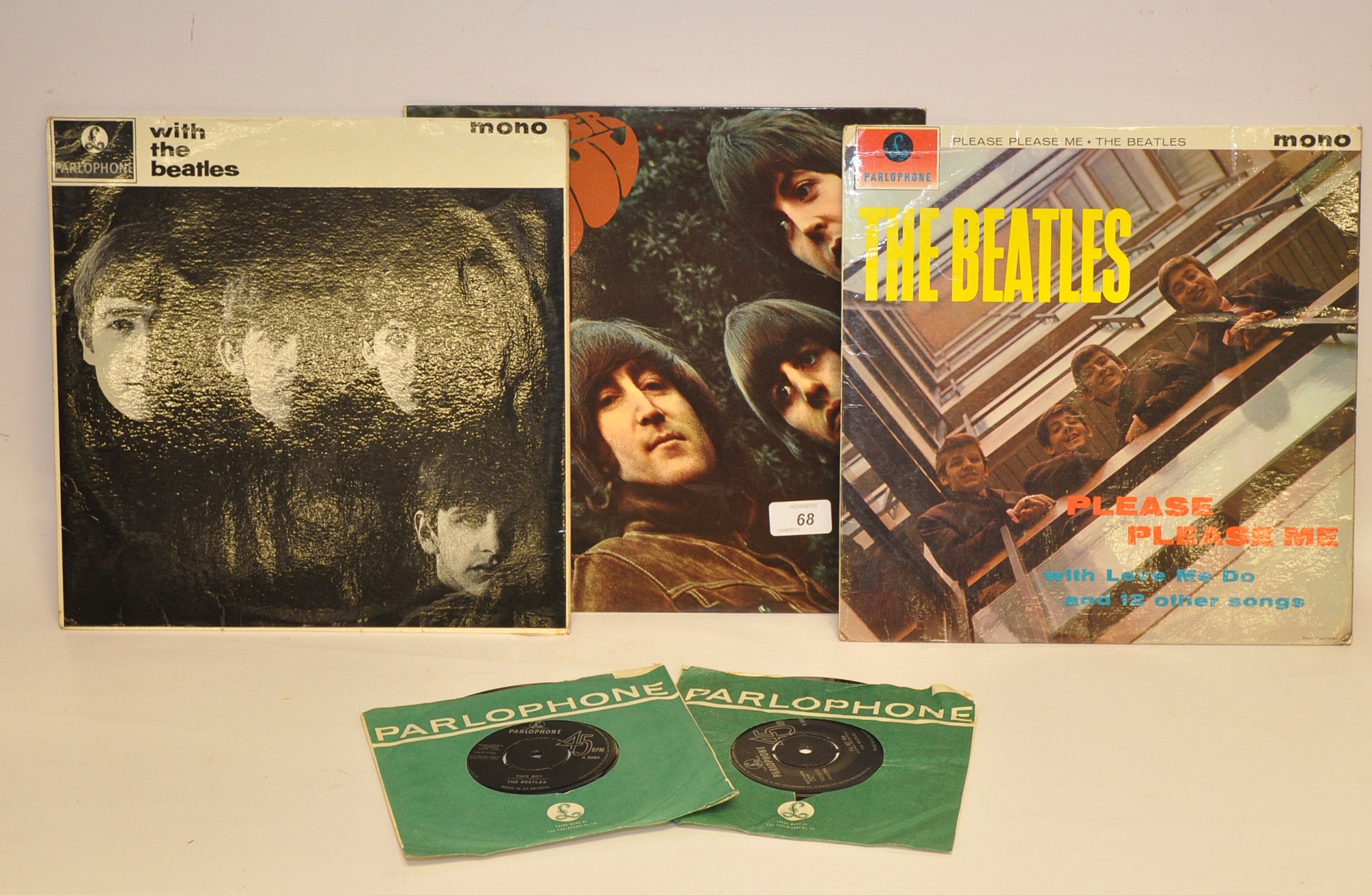 THREE BEATLES LP`S - PLEASE PLEASE ME, WITH THE BEATLES AND RUBBER SOUL, PLUS TWO SINGLES