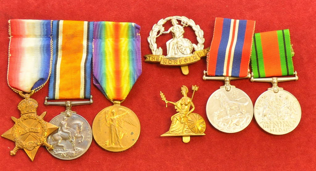 WWI TRIO TO 1946 PTE. E.C. REEDER, NORF. R., ALSO TWO BADGES AND TWO WWII MEDALS, POSSIBLY TO SAME