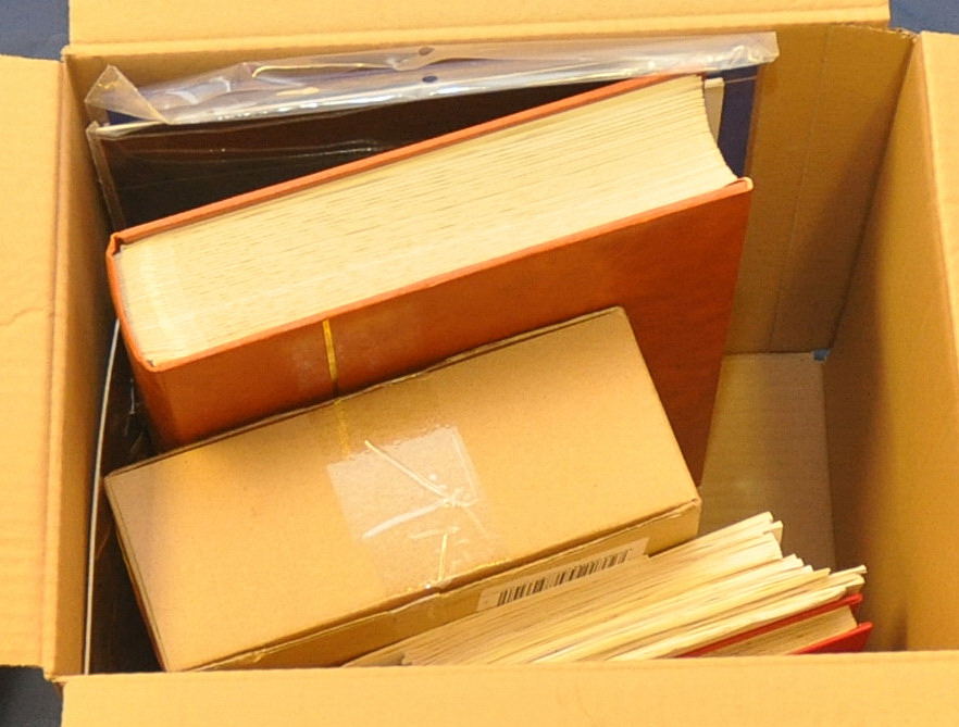 BOX OF VARIOUS INCLUDING SEVERAL CLUB BOOKS WITH REMAINDERS, QUANTITY HAWID STRIP MOUNTS AND OTHER