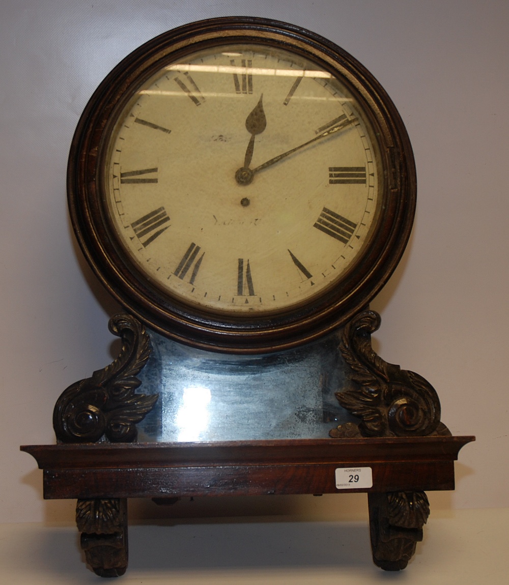 C19TH WALNUT FUSEE WALL CLOCK, YARMOUTH ON DIAL (NO PENDULUM), 29CM DIAMETER DIAL, ON SCROLLED