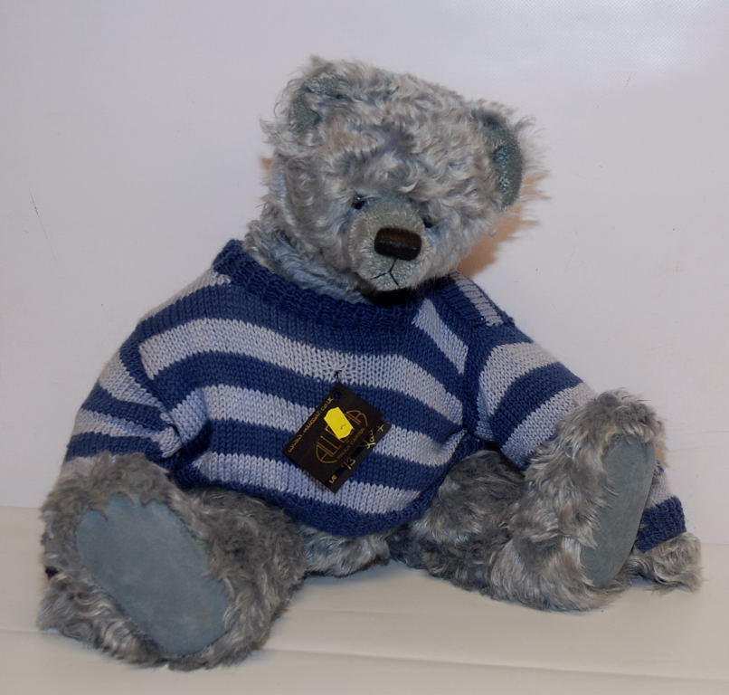 MOHAIR BLUE/GREY BEAR `DRIZZLE`, 53CM APPROX., WITH KNITTED JUMPER AND GROWL