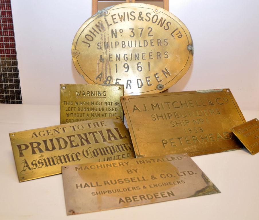 BRASS MAKER`S PLATES AND INSTRUCTIONS ETC INCLUDING PRUDENTIAL, A.J. MITCHELL, JOHN LEWIS AND HALL