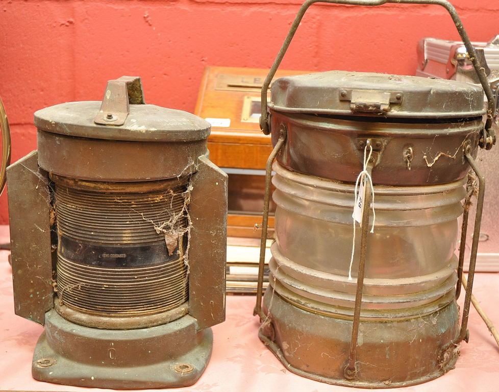 TWO VINTAGE COPPER SHIPS LAMPS, MASTHEAD AND STERN TYPE 32CM