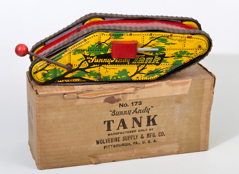 A toy `Sunny Andy` World War I tank, No. 173, manufactured by Wolverine Supply & Mfg. Co.,