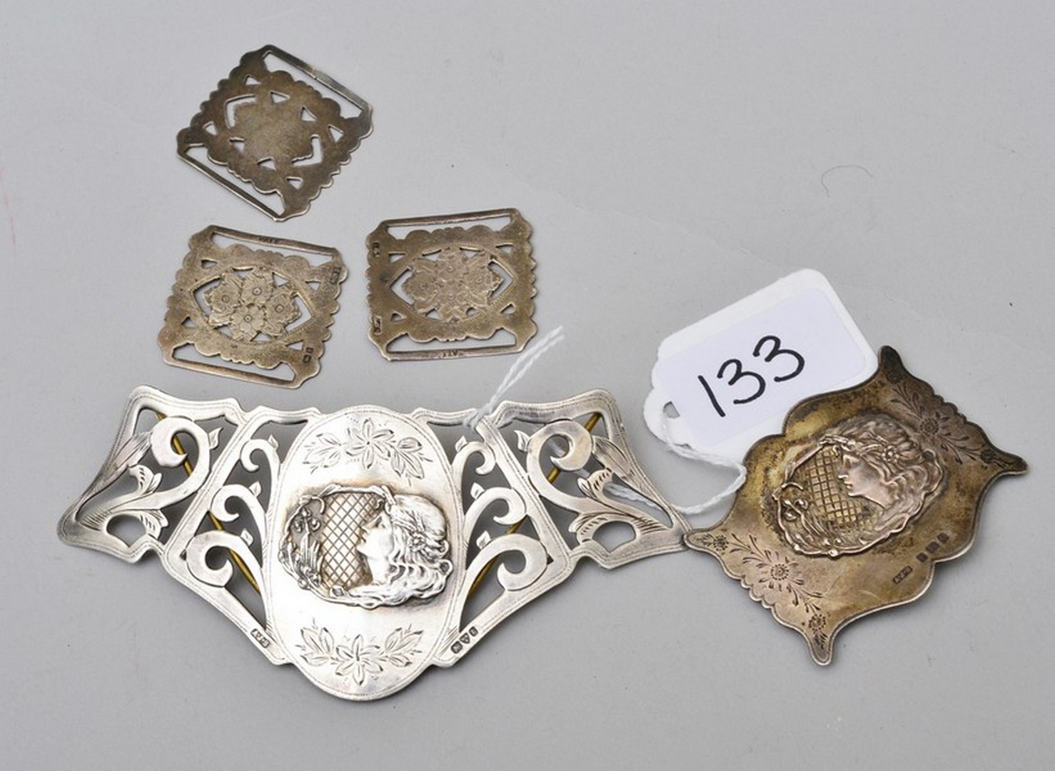 An early 20th century silver Art Nouveau pierced belt plate, with classical muse applique, Chester