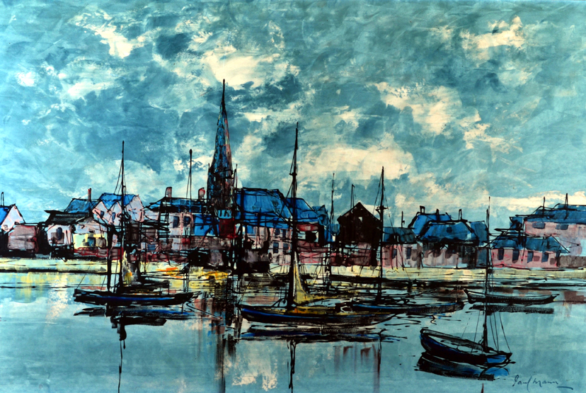 Paul Mann (1907-1994)Boats in an English harbourmixed media on board, signed lower right60 x 90