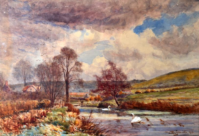 Walter Goldsmith (1860-1931)A river landscape with a stormy skywatercolour heightened with white,