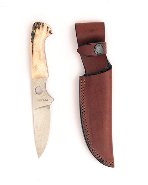 JAMES PURDEY & SONS A NEW AND UNUSED LIMITED EDITION SAMBAR STAG HUNTING KNIFE 3in. damascus steel