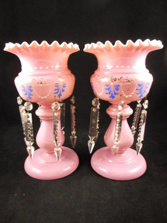 A pair of 19th century pink glass lustres with enamel decoration - H29cm