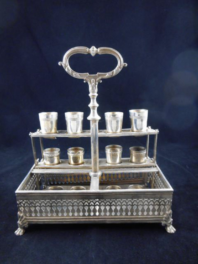 A W M F pierced silver plate liqueur tantalus - W26cm