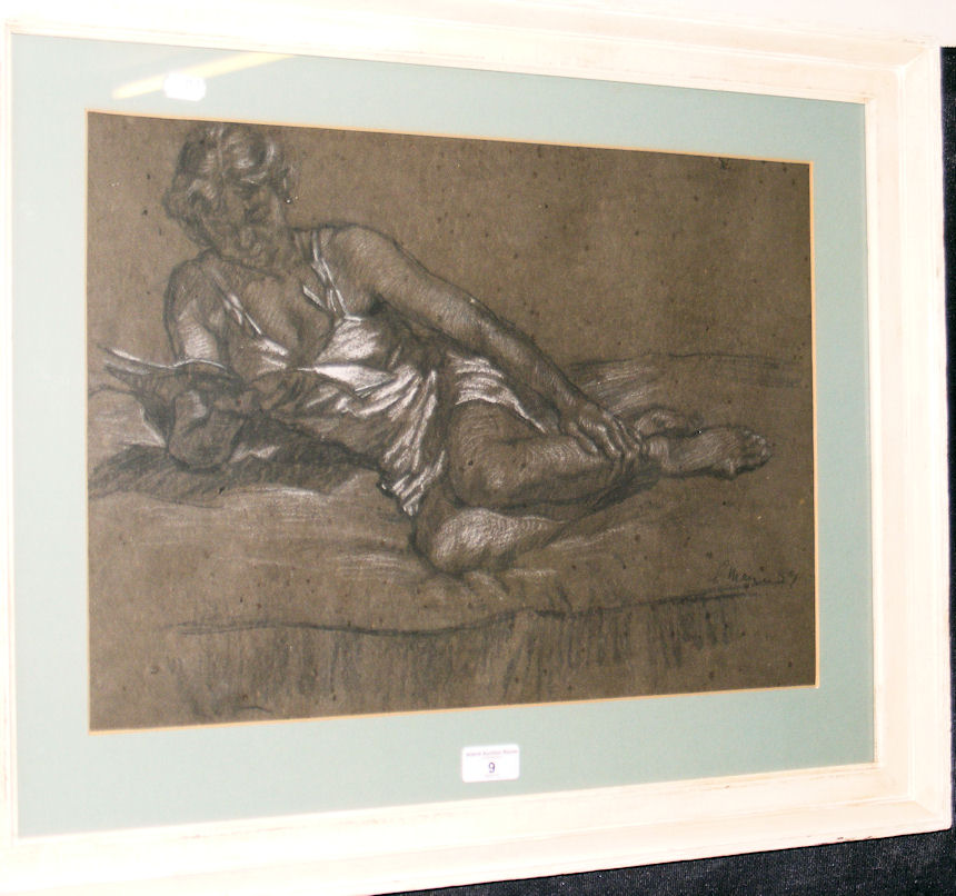 MANN - a charcoal study of lady reading book - signed