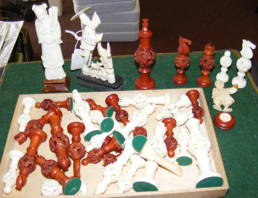 An ivory chess set, figures etc.