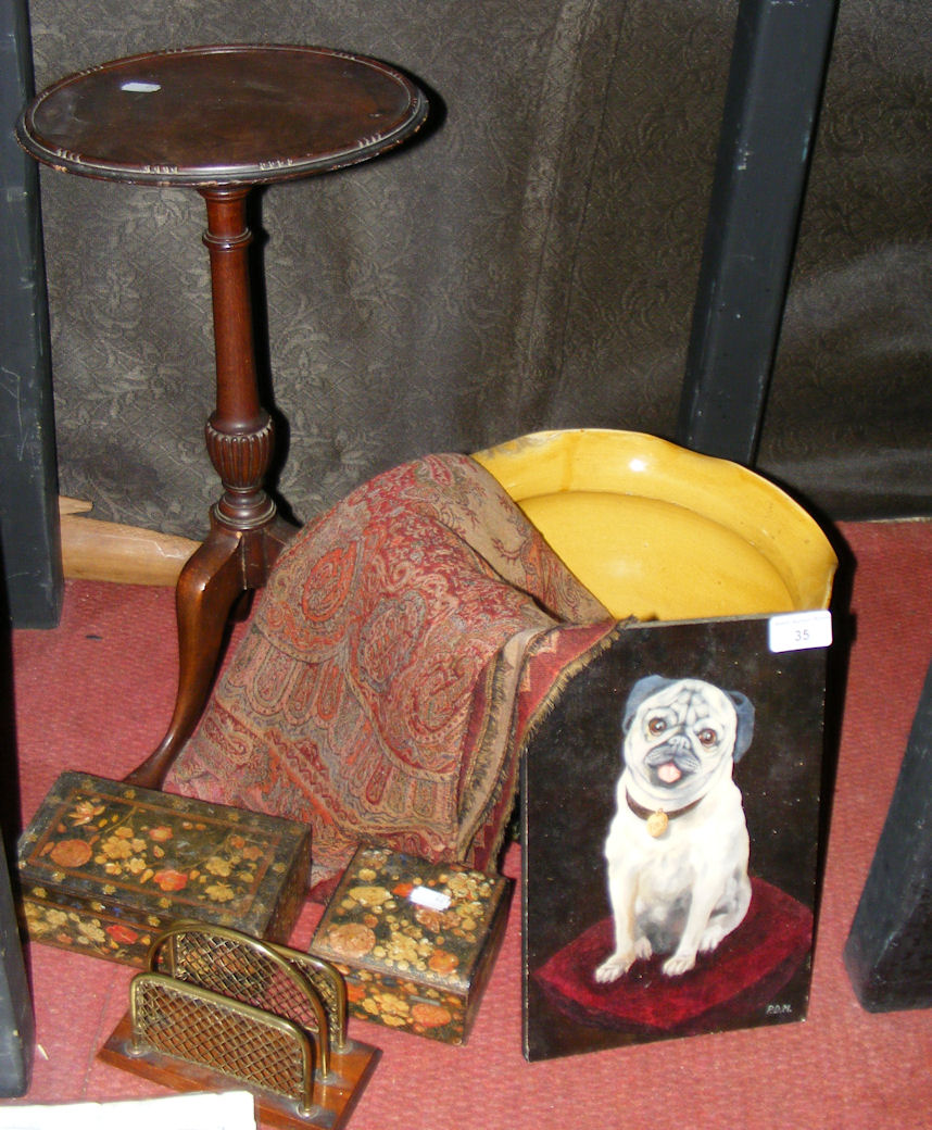 A wine table, jardiniere, dog picture etc.