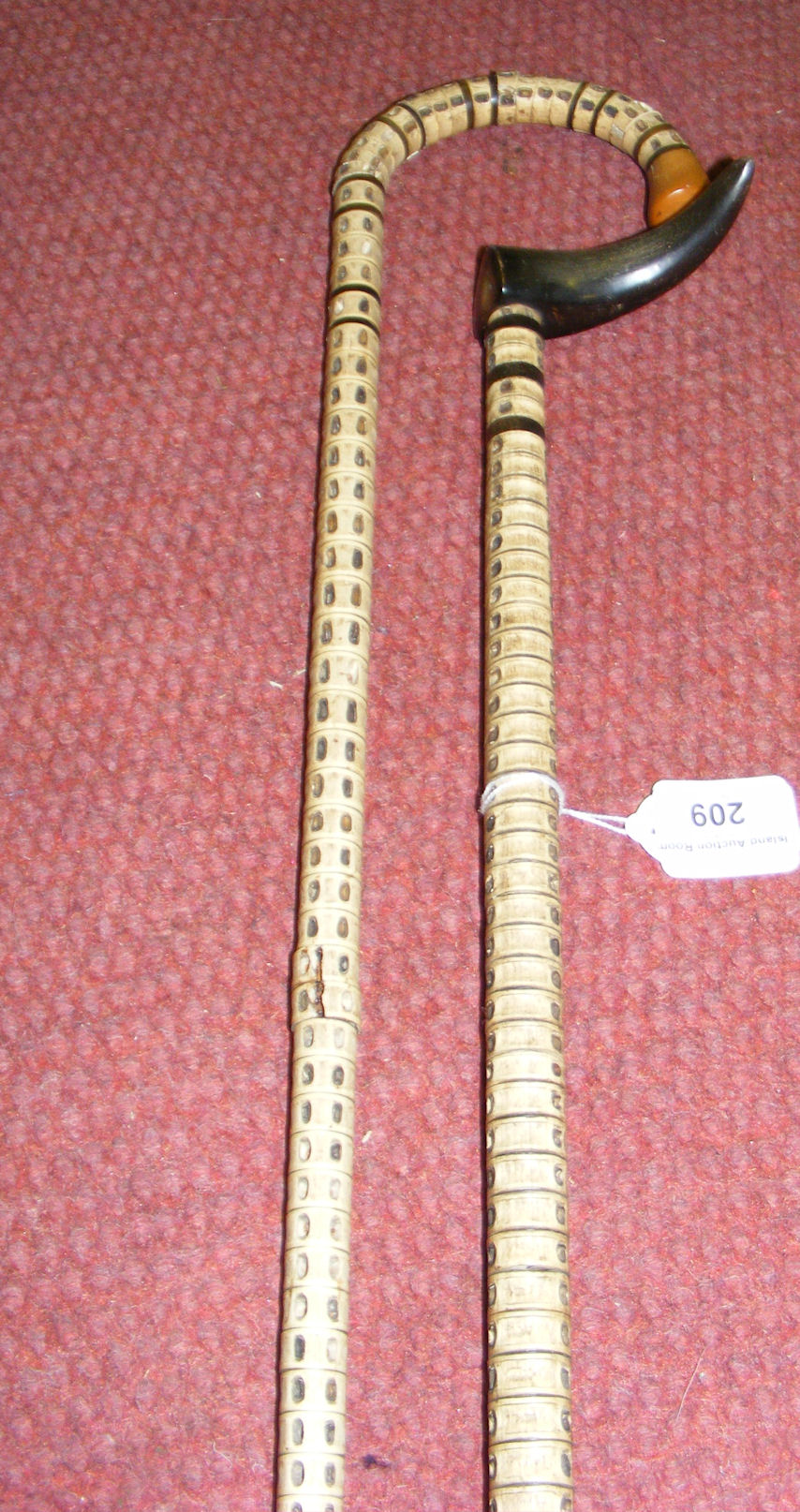 Two walking canes fashioned from shark vertebrae