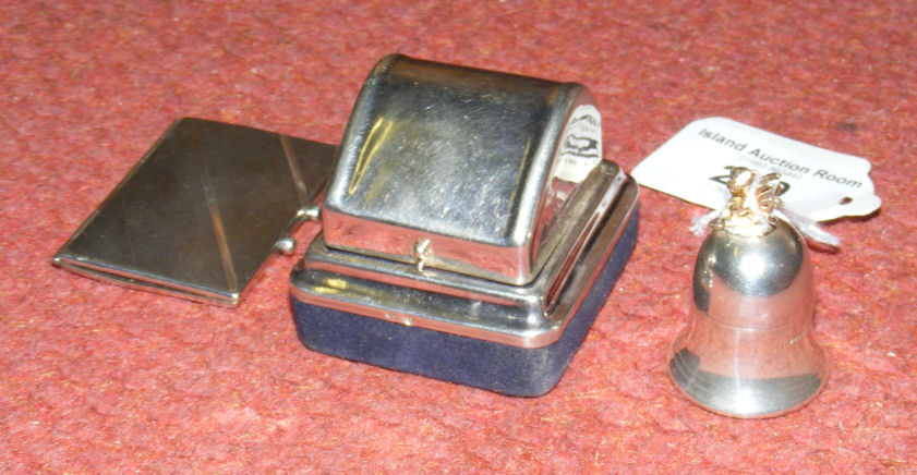 A silver ring case, an engine turned silver postage stamp holder etc.