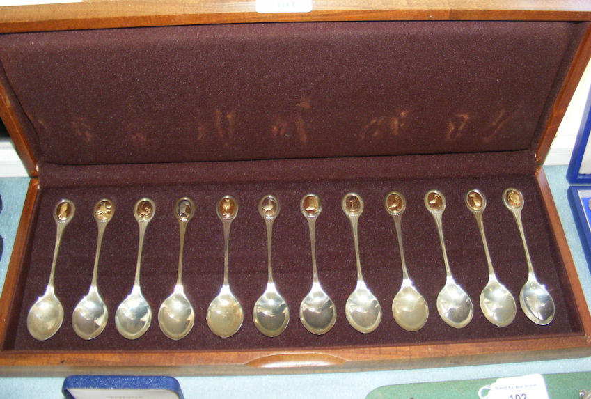 A set of twelve silver Royal Society for the Protection of Birds teaspoons in presentation case -