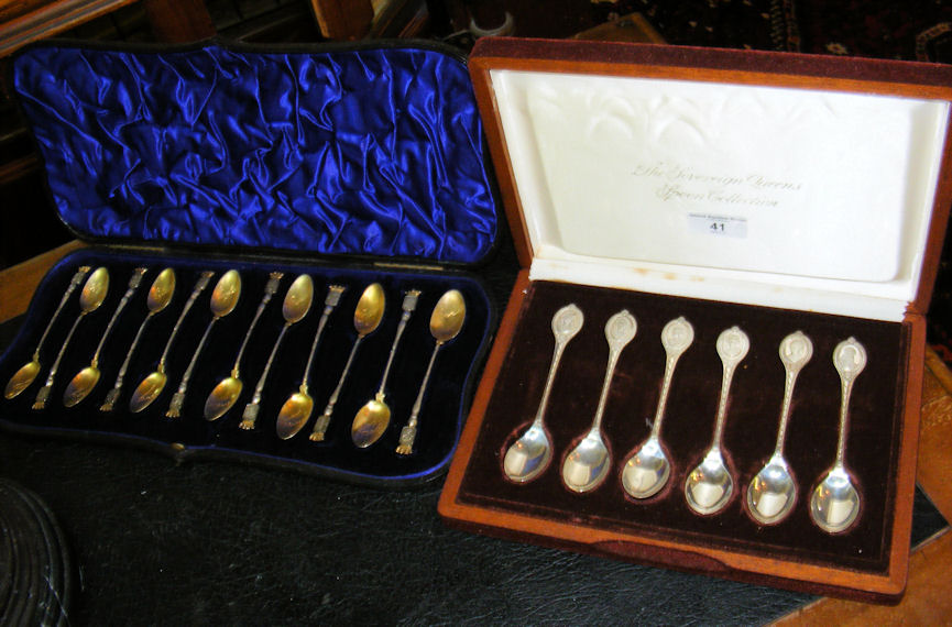 A set of six silver spoons, together with a cased set of twelve spoons