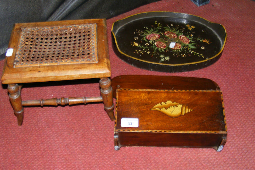 A miniature stool, antique inlaid letter rack, together with small tray