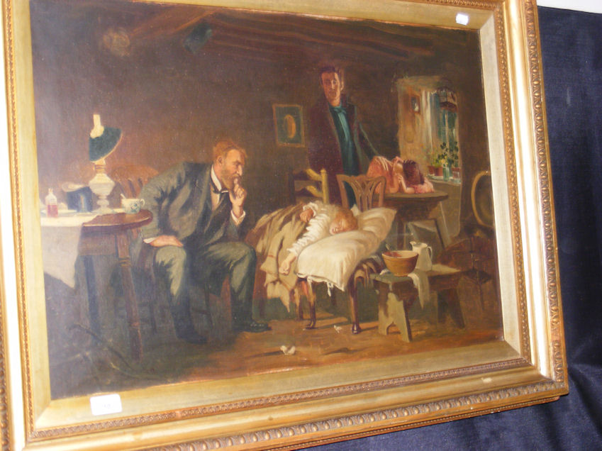 Antique oil on canvas of cottage interior - Doctor with child