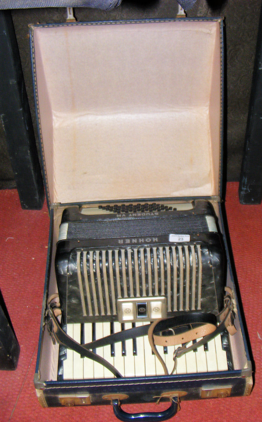 A Hohner “Student VM” piano accordion in carrying case