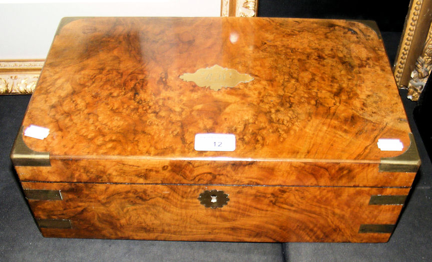 A Victorian brass bound burr walnut writing slope