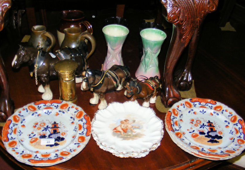 A quantity of ceramic and glassware, including three graduated Shire Horse ornaments, vases, dessert
