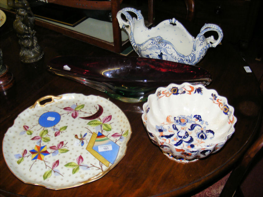 Three items of ceramicware, including a Delft two handled bowl, together with a heavy coloured glass