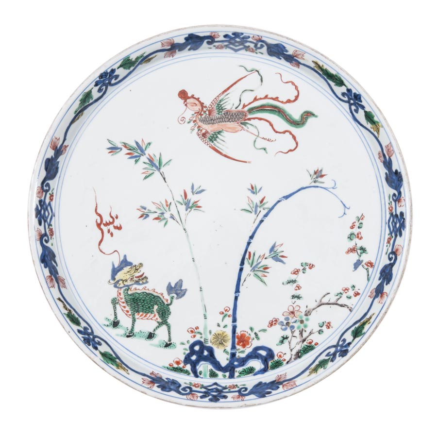 An unusual Chinese famille verte shallow dish, with short steep sides and slightly flaring rim,