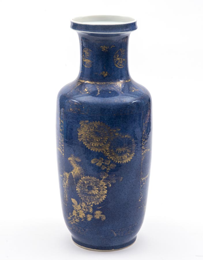 A powder-blue glazed rouleau vase, decorated with gilt peonies and chrysantemums Qing Dynasty,