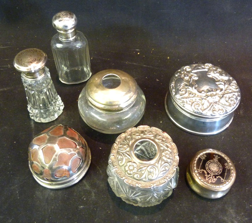 A London Silver Piquet Work Cylindrical Pill Box, together with a silver jewellery box and five