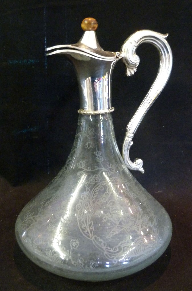 A Silver Plated and Etched Glass Ships Claret Jug with Shaped Handle, 26cms high