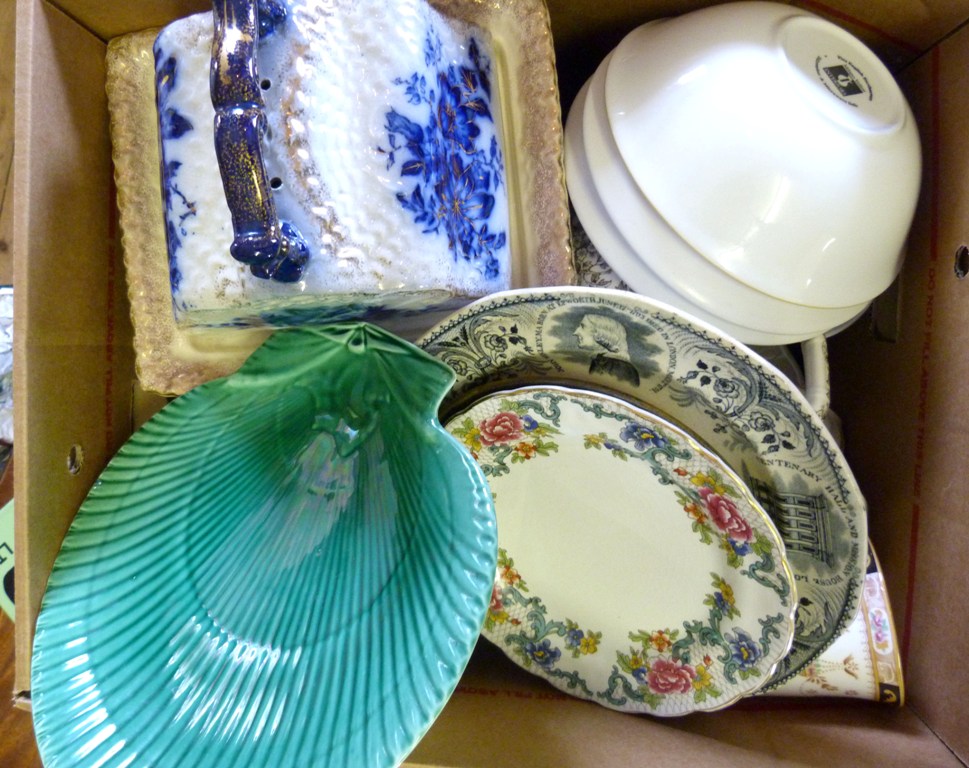 A Victorian Underglaze Blue Decorated Cheese Dish and Stand, together with a collection of other
