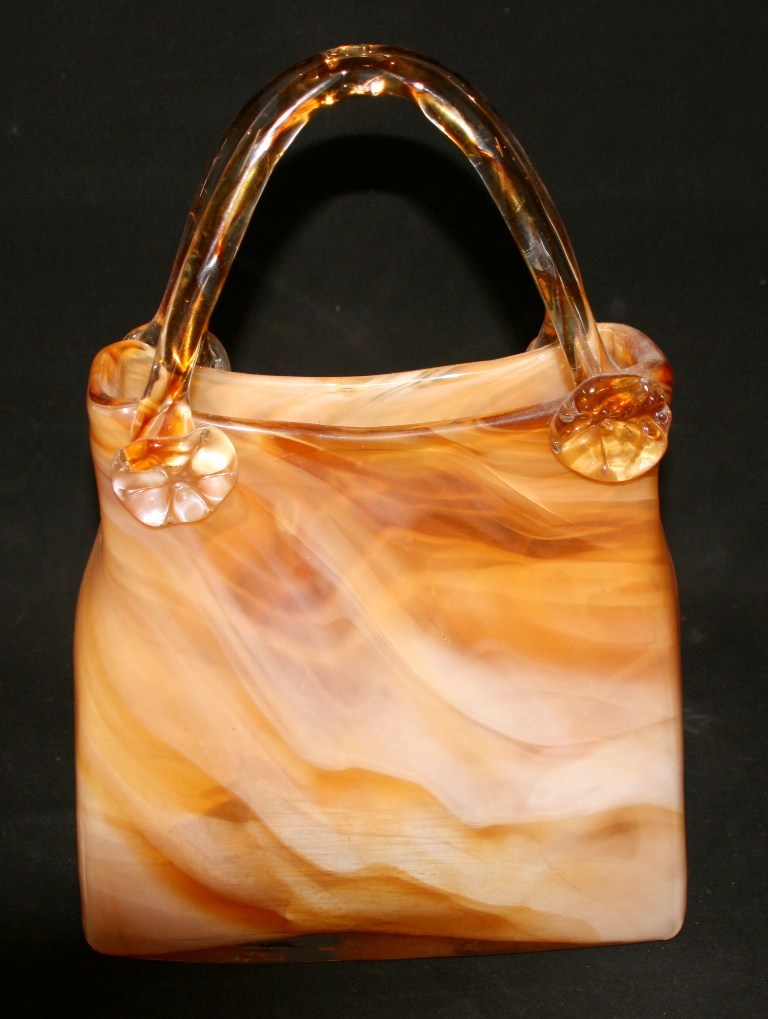 A Marbled Glass Vase, modelled as a lady`s handbag, 32cm high