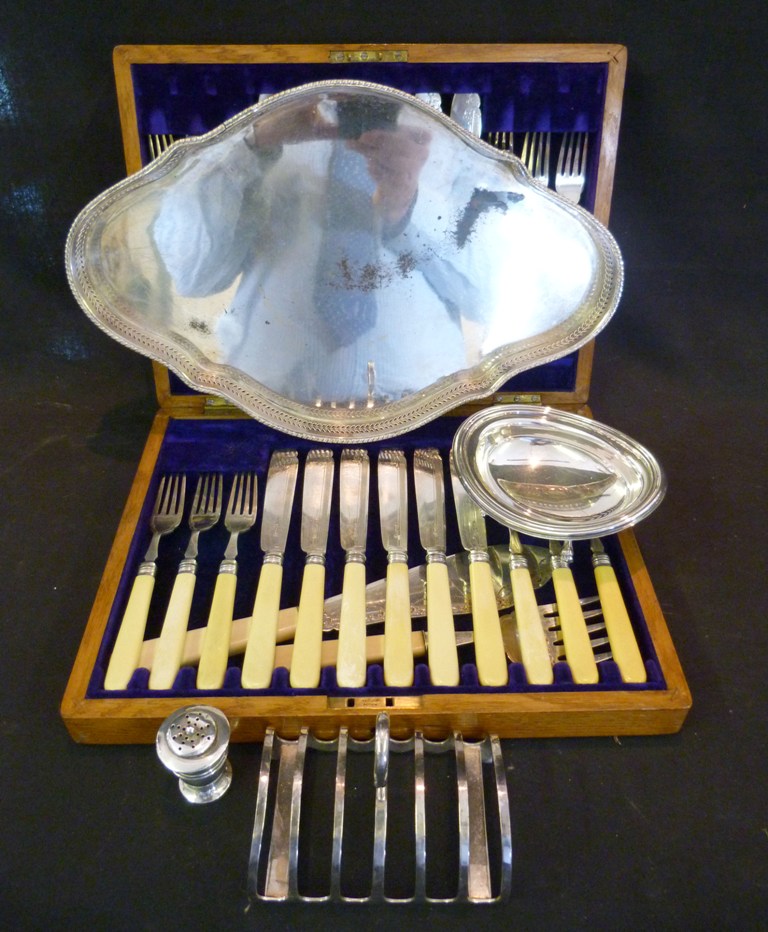 A Set of Twelve Silver Plated Bone Handled Fish Knives and Forks, together with a pair of fish
