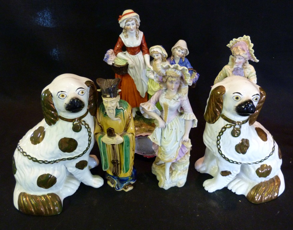 A Pair of Staffordshire Models of Spaniels, together with a Yardley Soap advertising group and three