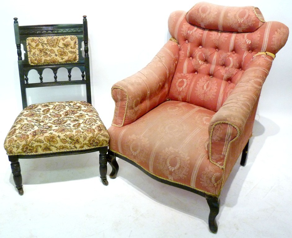 A Victorian Upholstered Armchair, with cabriole legs together with similar low seat chair