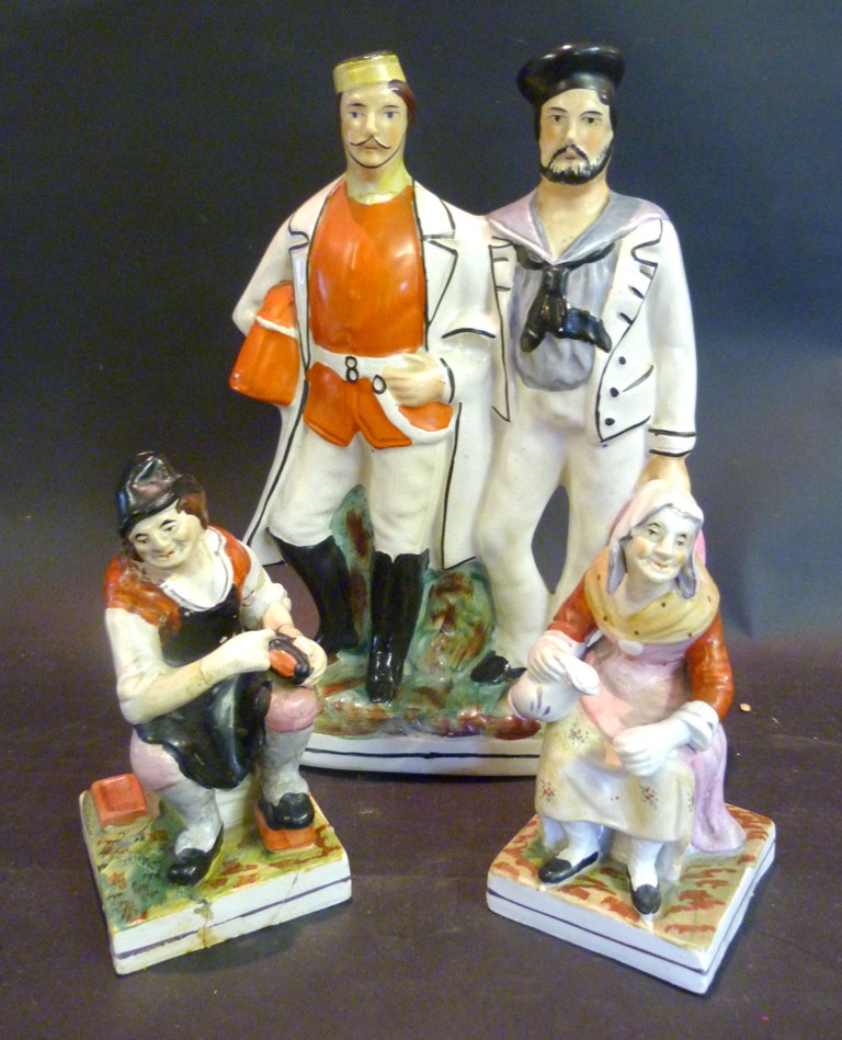 A Staffordshire Group Depicting Two Sailors, together with a pair of 19th Century Staffordshire