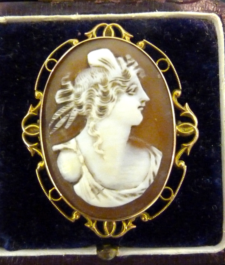 A 9ct. Gold Framed Cameo Brooch, depicting a classical female