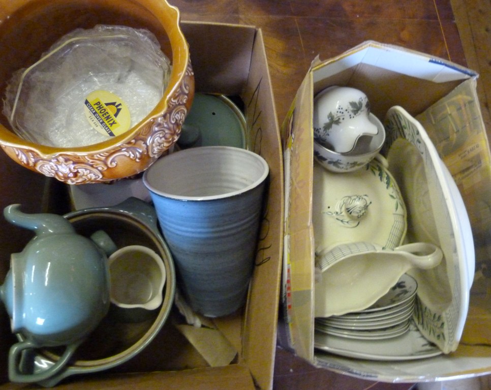 A Collection of Ceramics within Two Boxes, to include a treacle glazed jardiniere, various tea