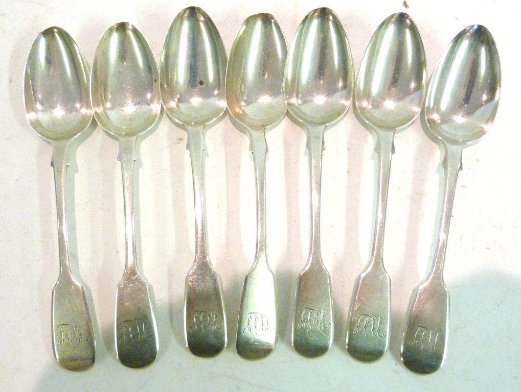 A Set of Seven Victorian Silver Fiddle Pattern Teaspoons, 5ozs.
