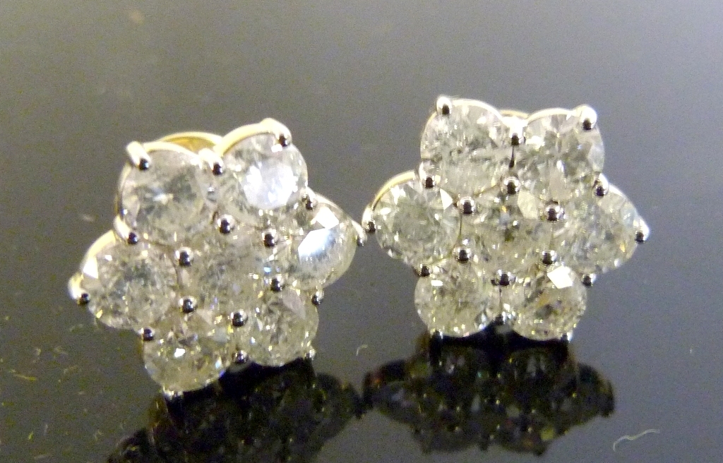 A Pair of 18ct Yellow Gold Diamond Large Cluster Earrings with Screw Backs, approx 4.61ct