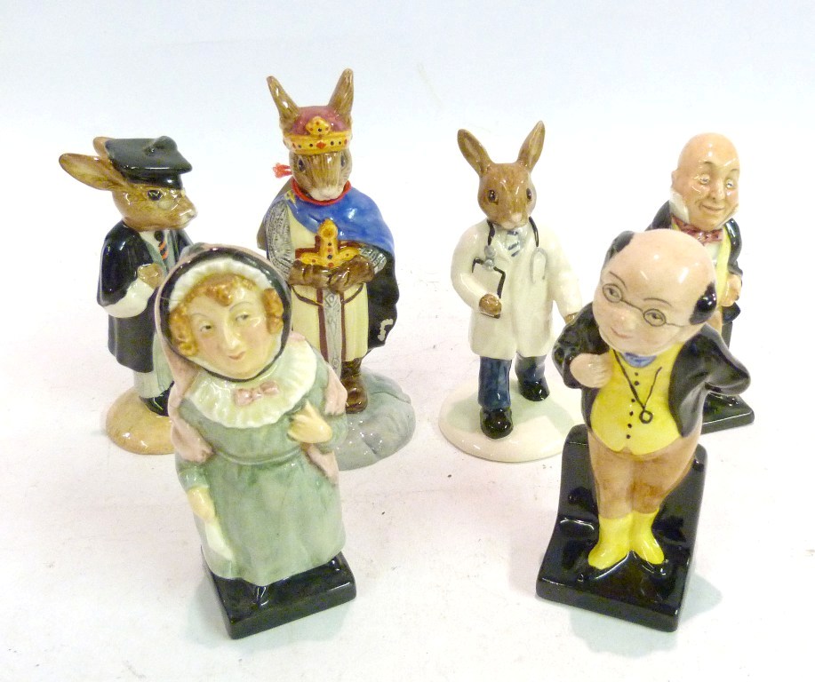 A Group of Six Royal Doulton Figures, to include Dickens and Bunnykins