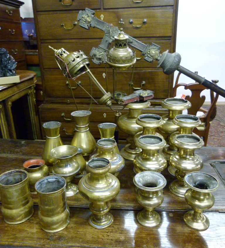 A Collection of Brass Vases, of bulbous form, together with a collection of similar vases, two