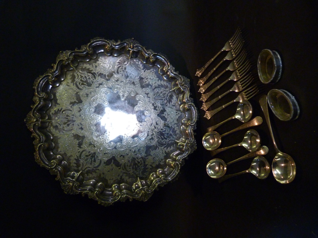 A Silver Plated Tray, of shaped outline with scroll feet, together with a collection of silver