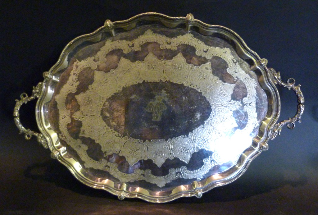 An Edwardian Large Silver Plated Oval Tray, of shaped outline, 72cms x 48cms