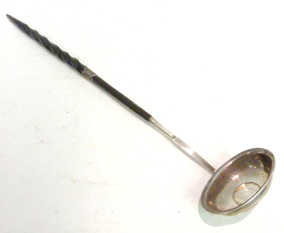 A Georgian Silver Toddy Ladle, with turned ebony handle, with coin inset bowl dated 1758