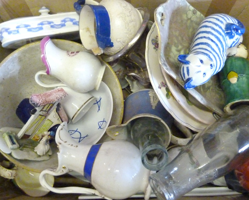 A Collection of Ceramics, to include an early milk bottle and other items