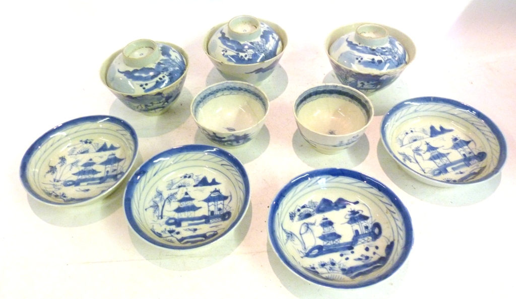 A Set of Four Chinese Underglaze Blue Decorated Saucers, together with two tea bowls and three