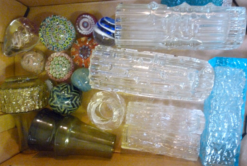 A Small Whitefriars Bark Vase, together with a collection of other glassware to include paperweights